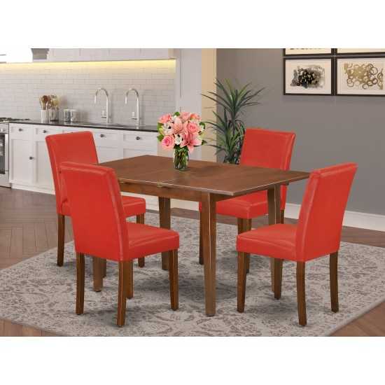 5Pc Rectangle 48/60" Kitchen Table, 12 In Butterfly Leaf, 4 Parson Chair, Mahogany Leg, Pu Leather Color Firebrick Red