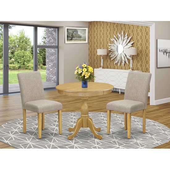 3 Pc Dining Set, 1 Wooden Table, 2 Light Tan Padded Chair, Oak