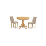 3Pc Rounded 36" Dinette Table, Two Parson Chair, Oak Leg, Fabric Light Fawn