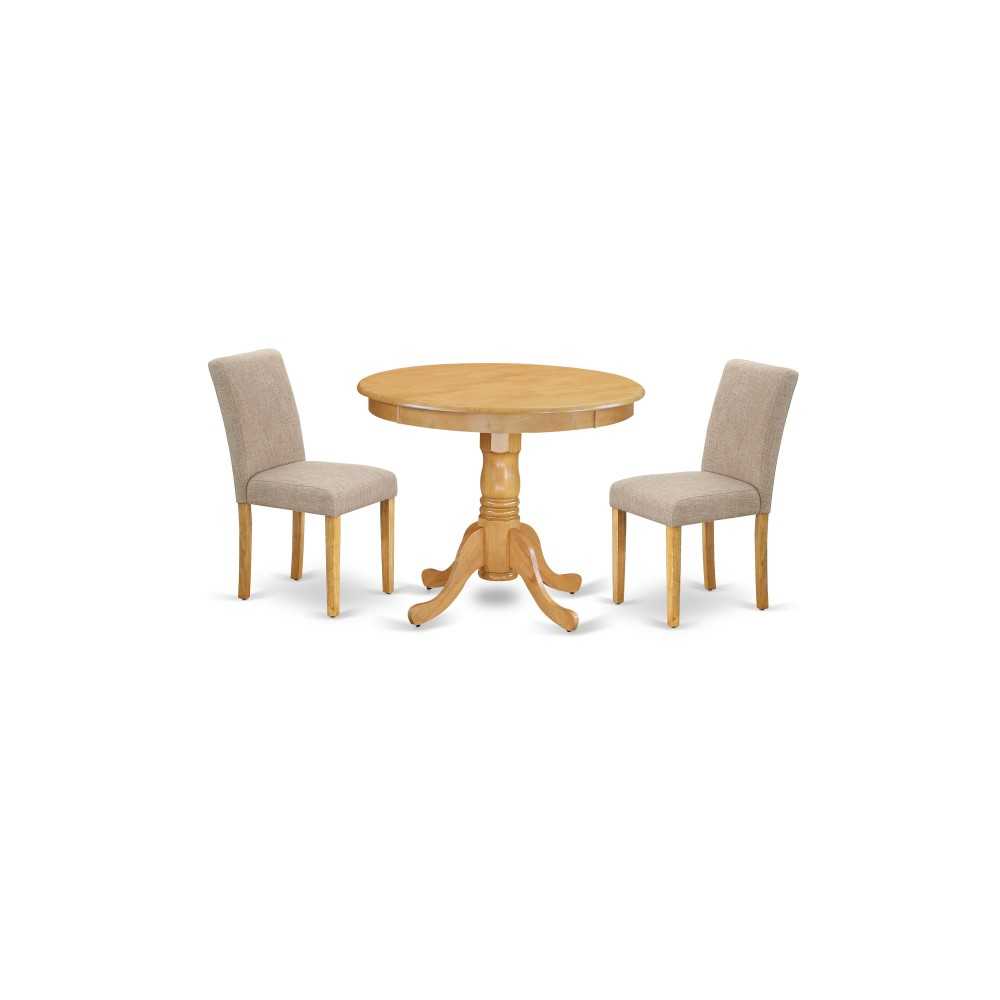 3Pc Rounded 36" Dinette Table, Two Parson Chair, Oak Leg, Fabric Light Fawn