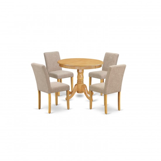 5Pc Round 36" Table And 4 Parson Chair With Oak Leg And Linen Fabric Light Fawn