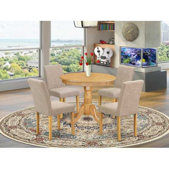 5Pc Round 36" Table And 4 Parson Chair With Oak Leg And Linen Fabric Light Fawn