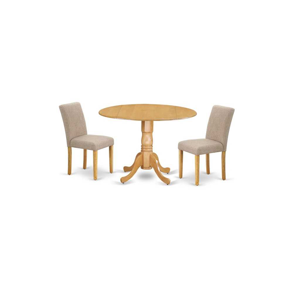 3Pc Round 42" Dining Table, Two 9-Inch Drop Leaves, 2 Parson Chair, Oak Leg, Light Fawn