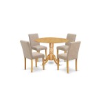 5Pc Round 42" Kitchen Table, Two 9-Inch Drop Leaves, Four Parson Chair, Oak Leg, Light Fawn