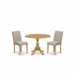 3 Pc Dining Set, Oak Small Table, 2 Light Tan Chairs, High Back, Oak Finish