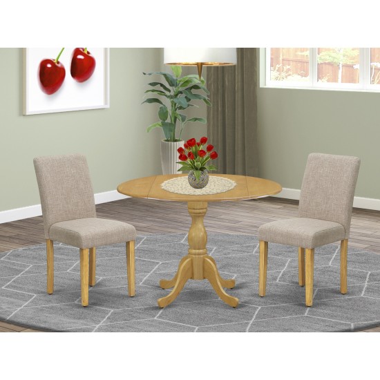 3 Pc Dining Set, Oak Small Table, 2 Light Tan Chairs, High Back, Oak Finish