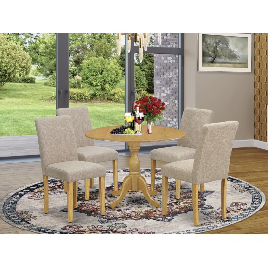 5 Pc Dining Set, Oak Wood Table, 4 Light Tan Chairs, High Back, Oak Finish