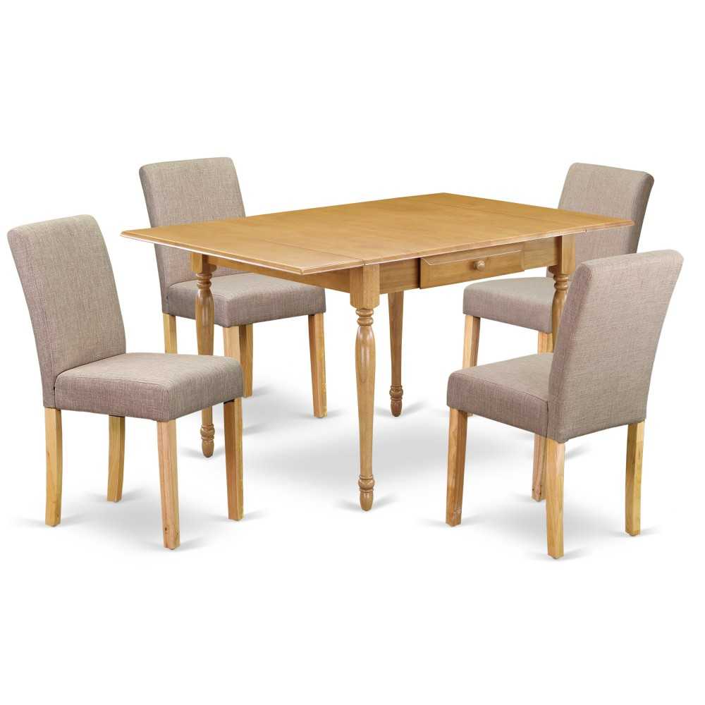 5Pc Kitchen Set, Table, 4 Parson Chairs, Light Fawn Color, Drop Leaf Table, Full Back Chairs, Oak