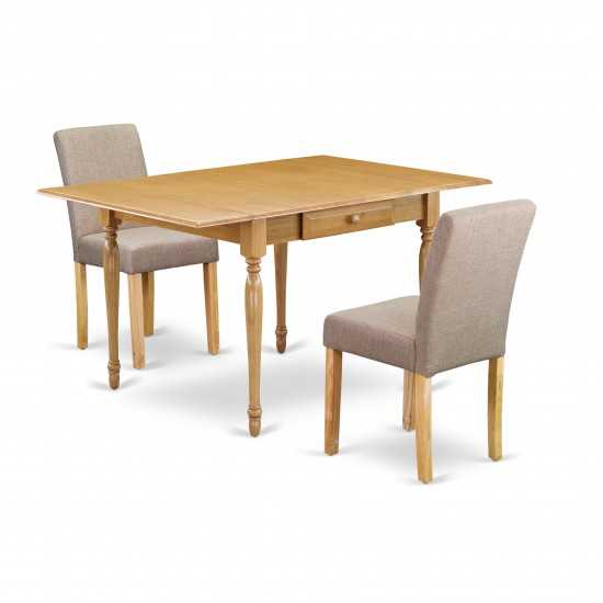 3Pc Dinette Set, Dining Table, 2 Parsons Dining Chairs, Light Fawn Color, Drop Leaf Table, Oak