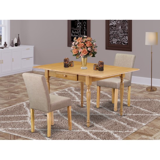 3Pc Dinette Set, Dining Table, 2 Parsons Dining Chairs, Light Fawn Color, Drop Leaf Table, Oak