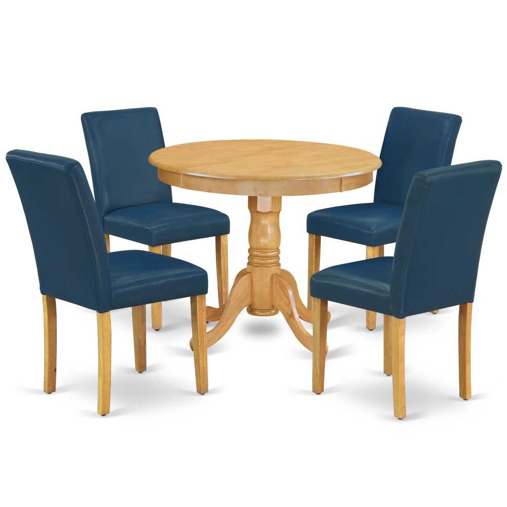 5Pc Round 36" Table And 4 Parson Chair With Oak Leg And Pu Leather Color Oasis