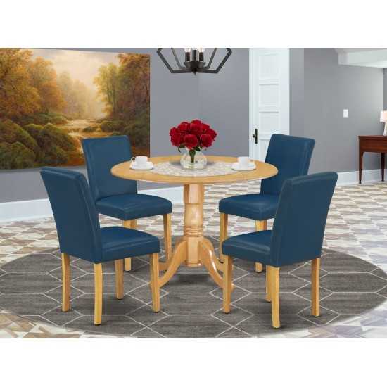 5Pc Round 42" Kitchen Table, Two 9-Inch Drop Leaves, Four Parson Chair, Oak Leg, Pu Leather Color Oasis