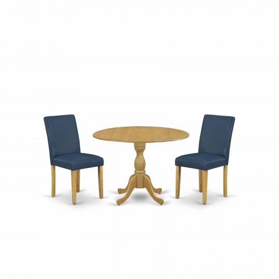 3 Pc Kitchen Set, Oak Dining Table, 2 Oasis Blue Pu Leather Dining Chairs, High Back, Oak Finish