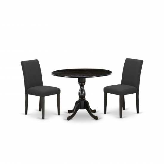 3 Pc Dining Set, 1 Drop Leaves Table, 2 Black Padded Chair, High Back, Wire Brushed Black Finish