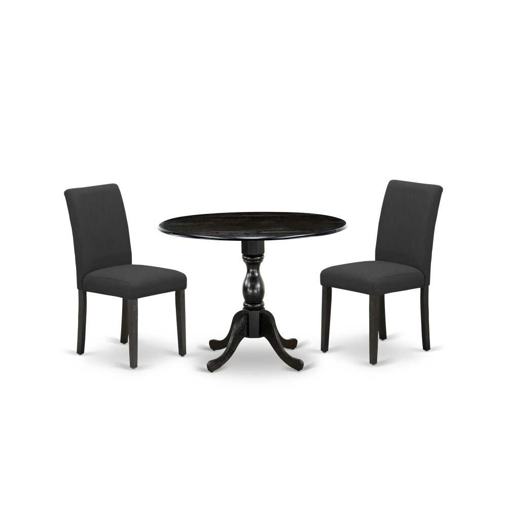 3 Pc Dining Set, 1 Drop Leaves Table, 2 Black Padded Chair, High Back, Wire Brushed Black Finish