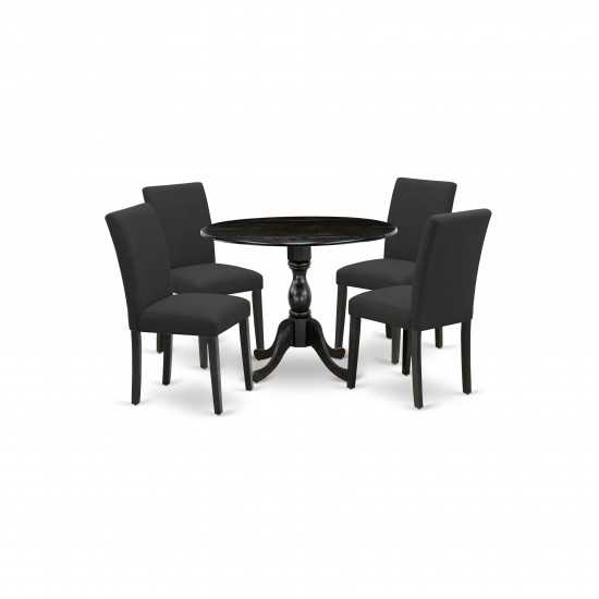 5Pc Wood Dining Set, 1 Drop Leaves Table, 4 Black Chair, Wire Brushed Black