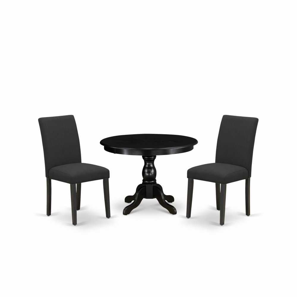 3 Pc Kitchen Set, Black Dinner Table, 2 Black Parsons Dining Chairs, High Back, Wire Brushed Black Finish