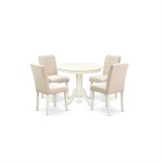 5Pc Round 36" Table And 4 Parson Chair, White Leg And Fabric Light Beige