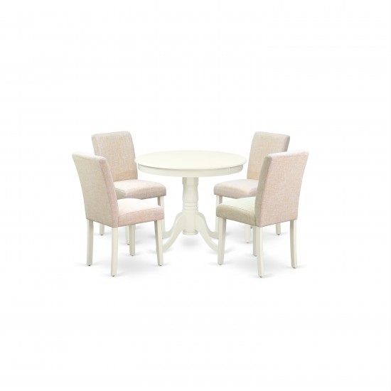 5Pc Round 36" Table And 4 Parson Chair, White Leg And Fabric Light Beige