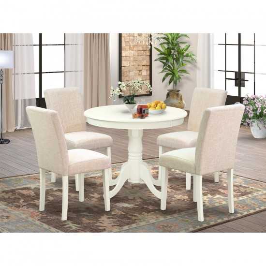 5Pc Round 36" Table And 4 Parson Chair, White Leg And Fabric Light Beige