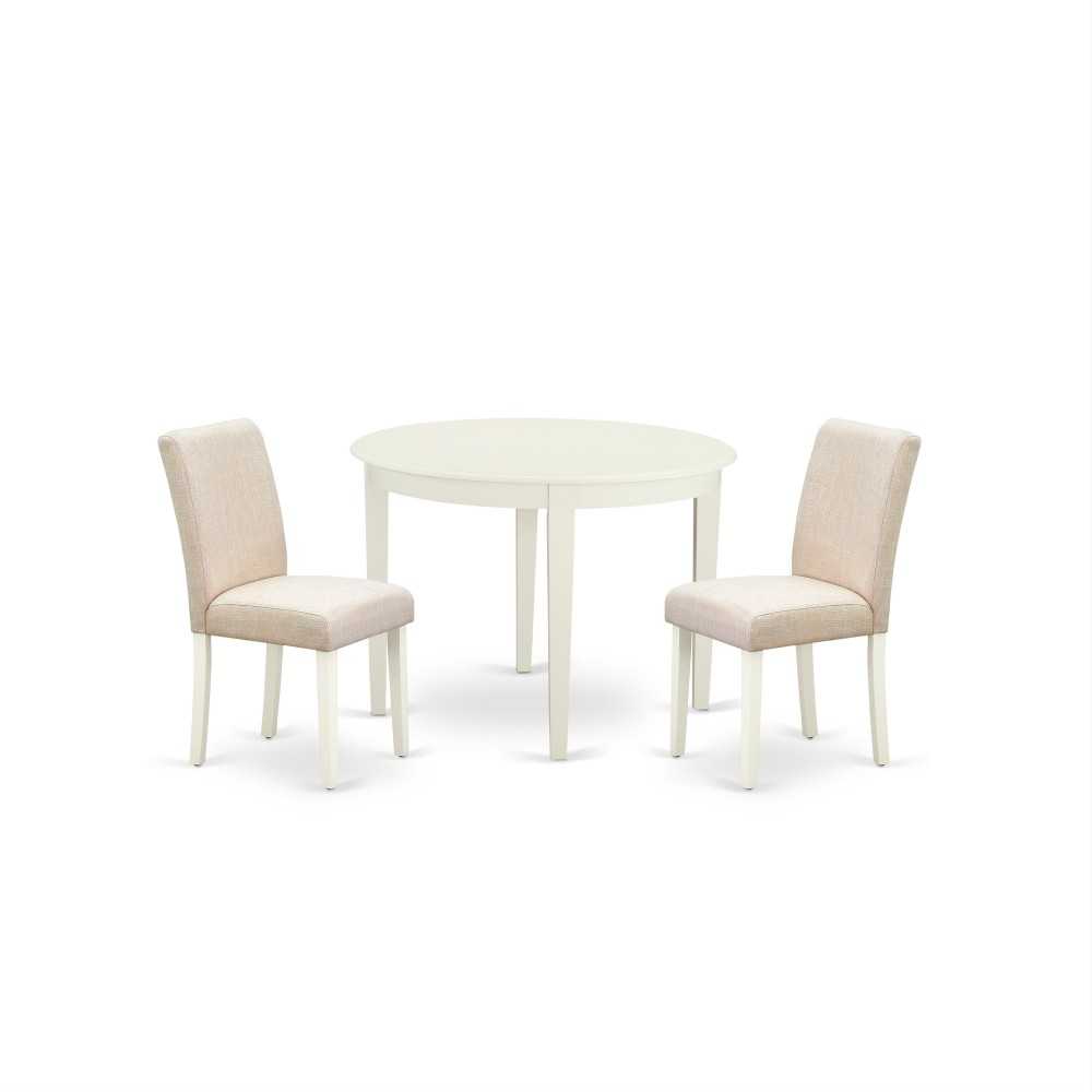 3Pc Round 42" Table And Two Parson Chair, White Leg And Fabric Light Beige