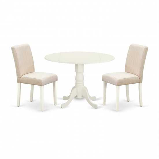 3Pc Round 42" Dining Table, Two 9-Inch Drop Leaves, 2 Parson Chair, Linen White Leg, Light Beige