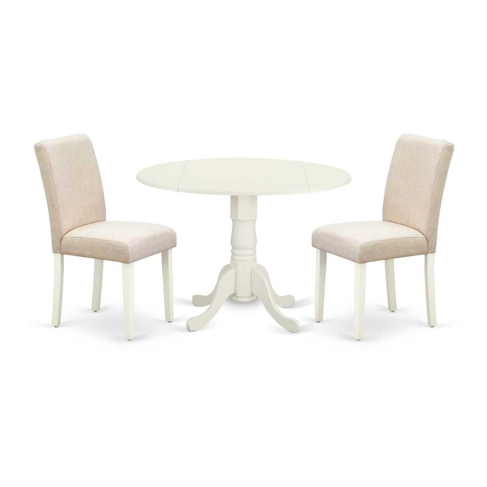 3Pc Round 42" Dining Table, Two 9-Inch Drop Leaves, 2 Parson Chair, Linen White Leg, Light Beige