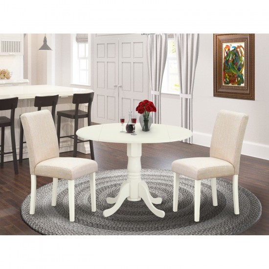 3Pc Round 42" Dining Table, Two 9-Inch Drop Leaves, 2 Parson Chair, Linen White Leg, Light Beige