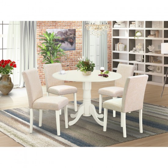 5Pc Round 42" Kitchen Table, Two 9-Inch Drop Leaves, Four Parson Chair, Linen White Leg, Light Beige