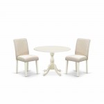 3 Pc Dining Set, 1 Drop Leaves Wood Table, 2 Light Beige Chairs, High Back, Linen White Finish