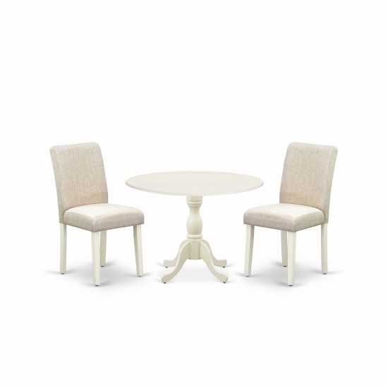 3 Pc Dining Set, 1 Drop Leaves Wood Table, 2 Light Beige Chairs, High Back, Linen White Finish