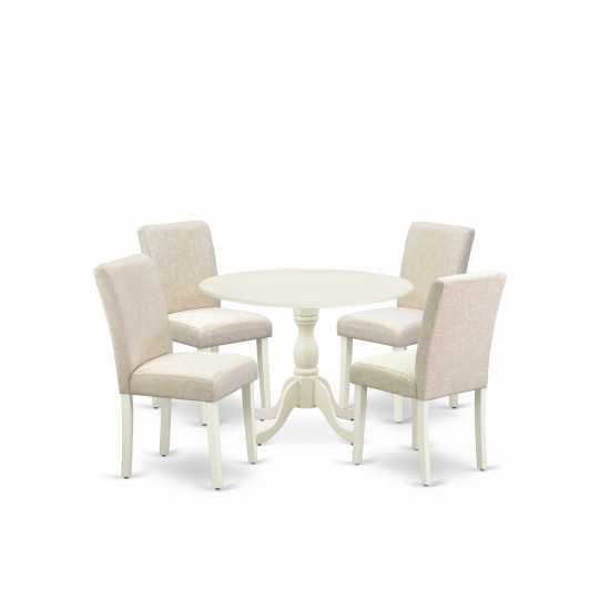 5 Pc Dining Set, 1 Drop Leaves Table, 4 Light Beige Chairs, Linen White