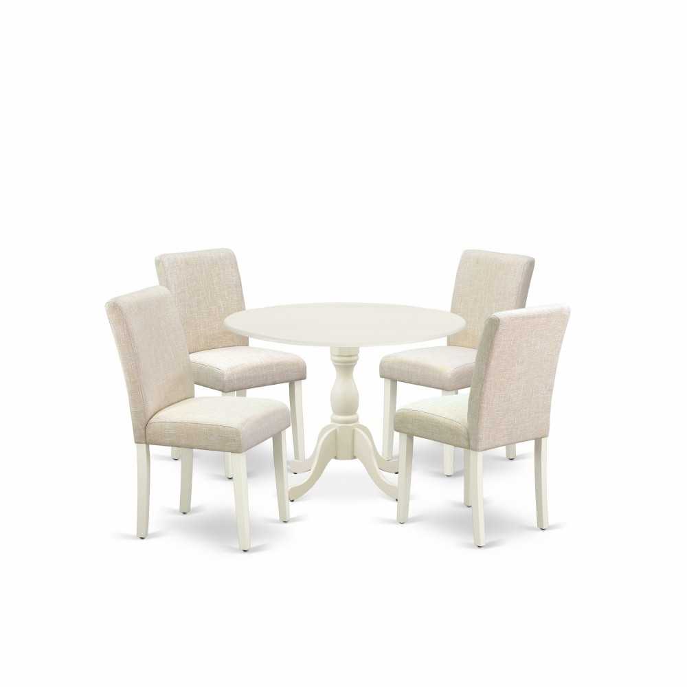 5 Pc Dining Set, 1 Drop Leaves Table, 4 Light Beige Chairs, Linen White