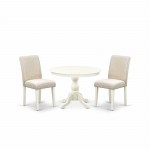 3 Pc Dining Set, Linen White Round Table, 2 Light Beige Comfortable Chairs, High Back, Linen White Finish