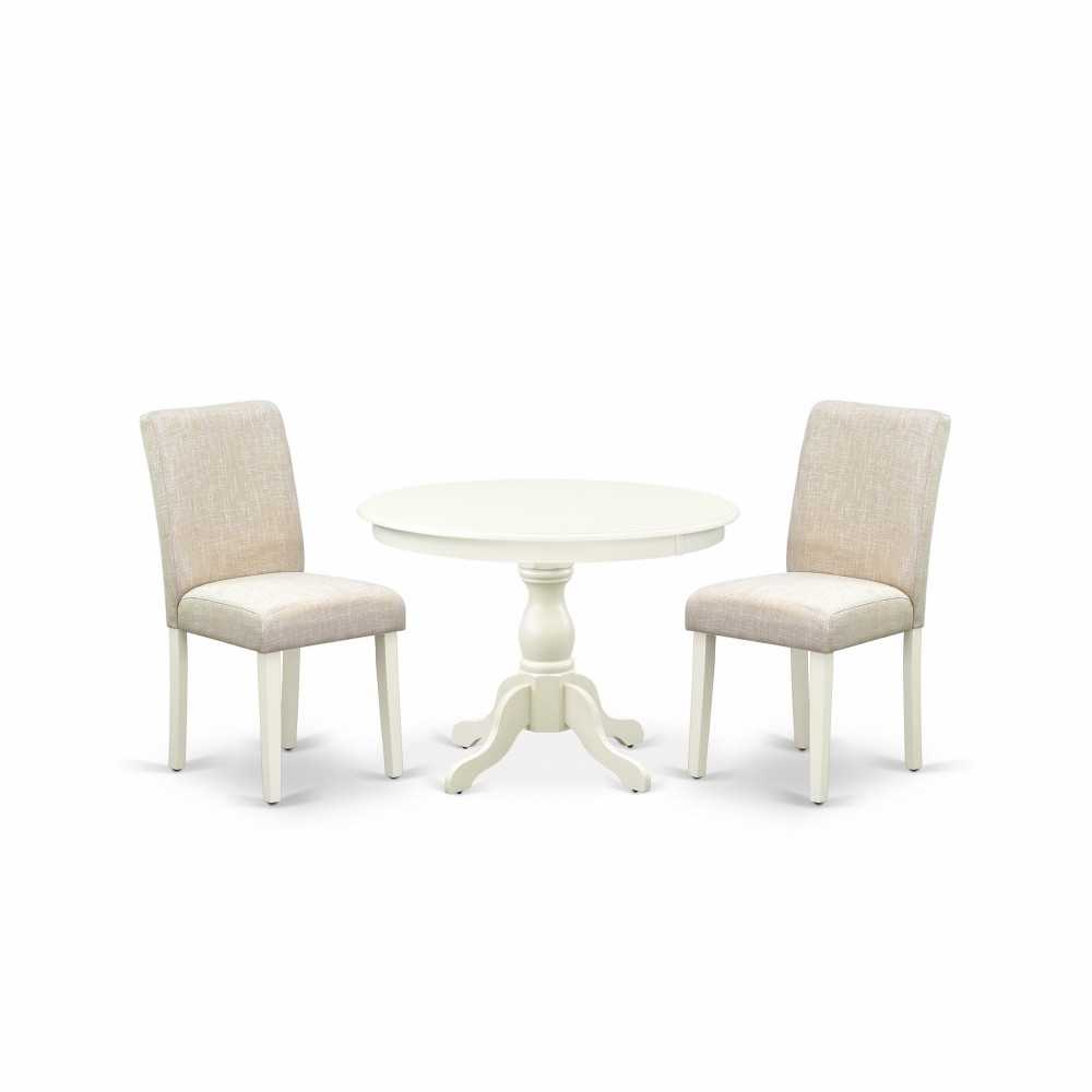 3 Pc Dining Set, Linen White Round Table, 2 Light Beige Comfortable Chairs, High Back, Linen White Finish