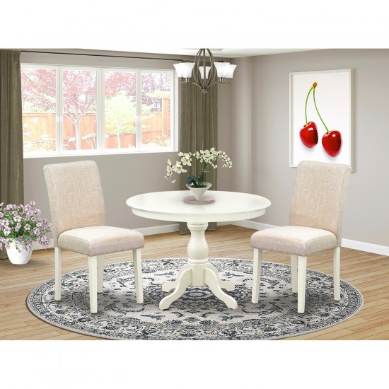 3 Pc Dining Set, Linen White Round Table, 2 Light Beige Comfortable Chairs, High Back, Linen White Finish