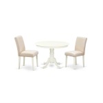 3Pc Round 42" Kitchen Table, 2 Parson Chair, White Leg, Fabric Light Beige