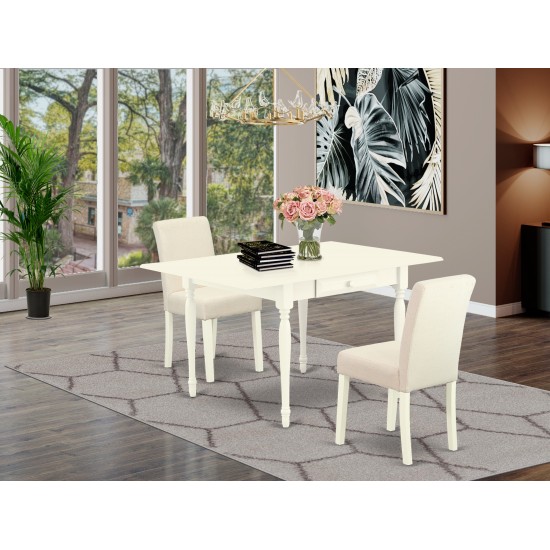 3Pc Dining Set, Wood Table, 2 Upholstered Chairs, Light Beige Color, Drop Leaf Table, Linen White