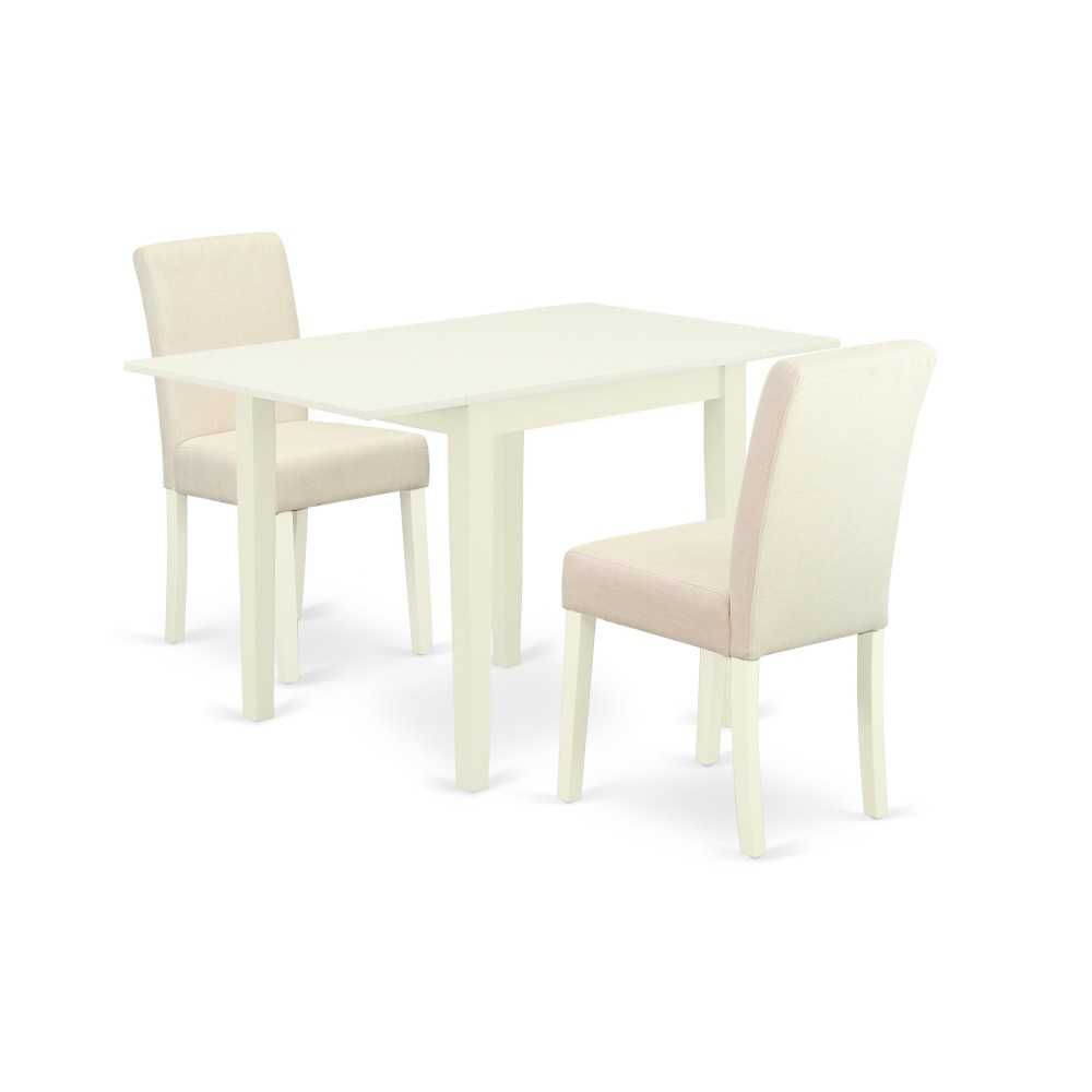 Dining Set 3 Pc, Two Kitchen Chairs, Table, Linen White Finish Wood, Light Beige Color