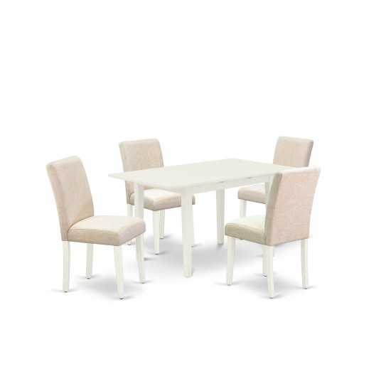 5Pc Kitchen Dining Set, 4 Chairs, Butterfly Leaf Dining Table, Linen White