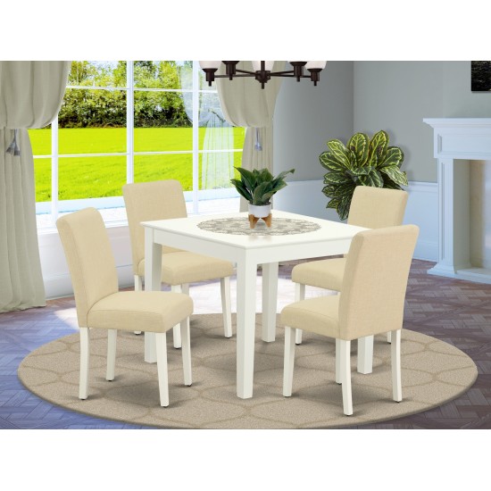 5Pc Square 36" Table And Four Parson Chair, White Leg And Fabric Light Beige