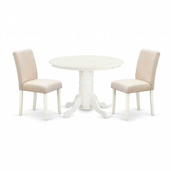 3Pc Round 42" Dining Table, Pair Of Parson Chair, Linen White Leg, Light Beige