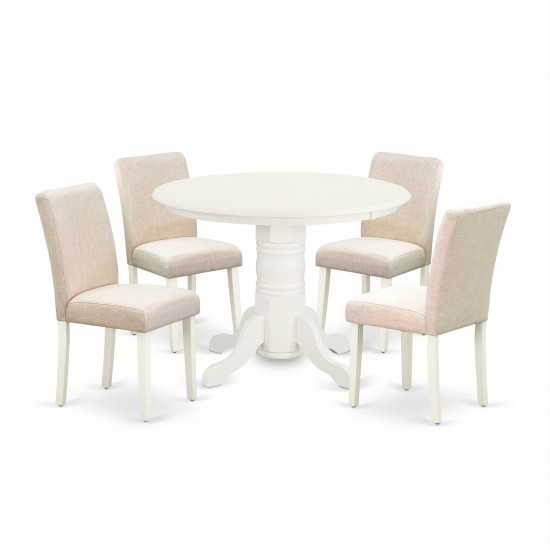 5Pc Rounded 42" Dining Table, Four Parson Chair, White Leg, Fabric Light Beige