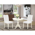 3 Pc Dinette Set, 1 Round Pedestal Dining Table, 2 White Pu Leather Dinning Chairs, High Back, Linen White Finish