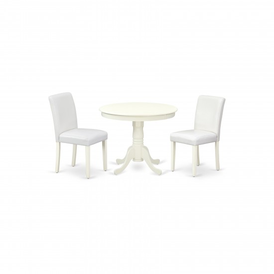 3Pc Rounded 36" Dinette Table, Two Parson Chair, White Leg, Pu Leather Color White