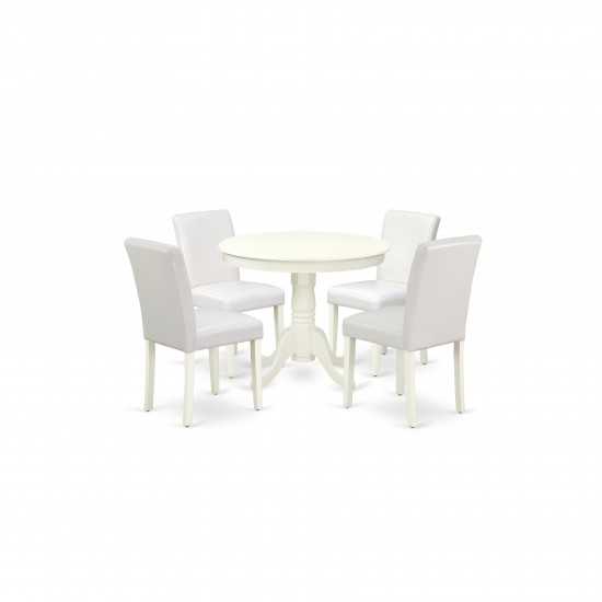 5Pc Round 36" Table And 4 Parson Chair, White Leg And Pu Leather Color White