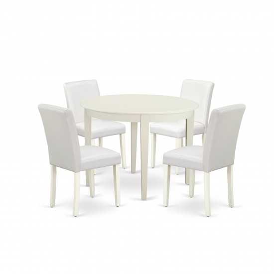 5Pc Round 42" Kitchen Table, Four Parson Chair, White Leg, Pu Leather Color White