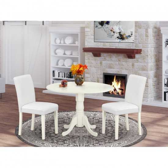 3Pc Round 42" Dining Table, Two 9-Inch Drop Leaves, 2 Parson Chair, Linen White Leg, Pu Leather Color White