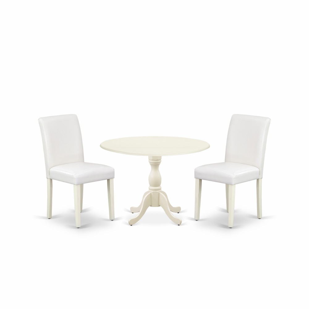 3 Pc Dining Set, 1 Drop Leaves Table, 2 White Pu Leather Upholstered Chairs, High Back, Linen White Finish 3 Pc Dining Set, 1 Drop Leaves Table, 2 White Pu Leather Upholstered Chairs, High Back, Linen White Finish