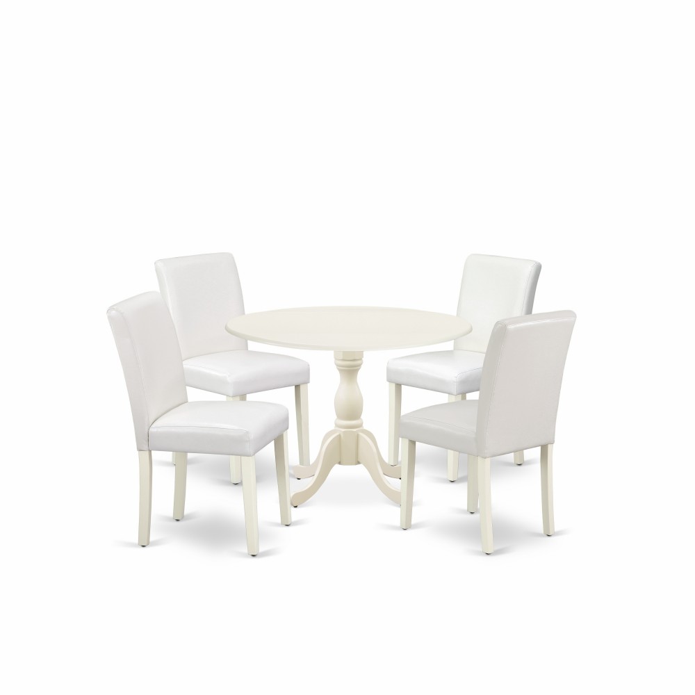 5 Pc Dinning Set, 1 Drop Leaves Table, 4 White Pu Leather Chair, Linen White